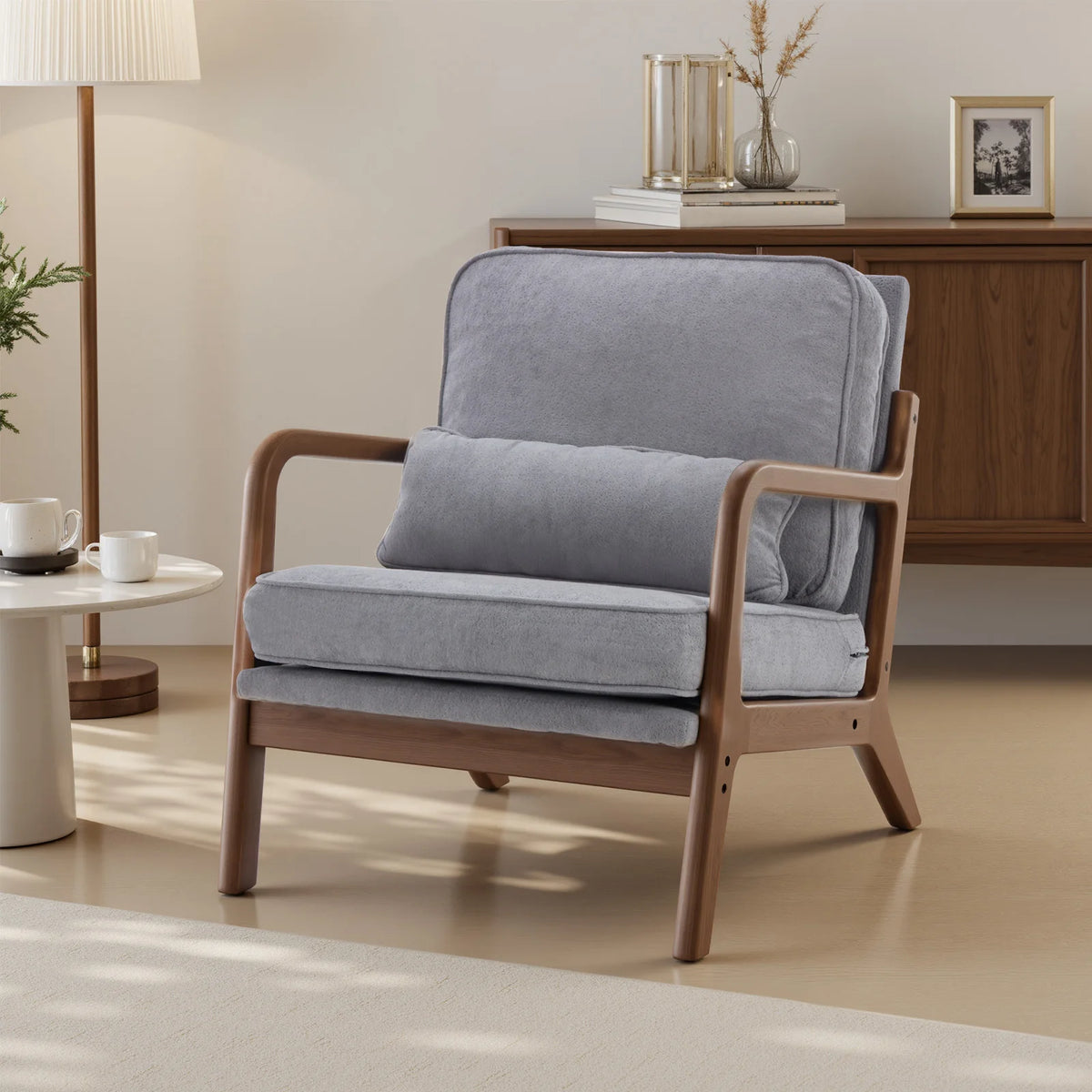 JHK Mid Century Modern Wooden Accent Chair With Fabric Cushions