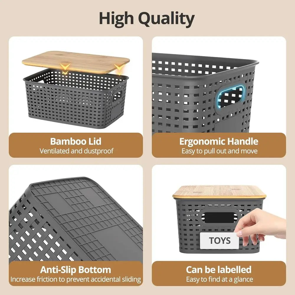 Plastic Storage Baskets With Bamboo Lids Stackable Organizer Bins