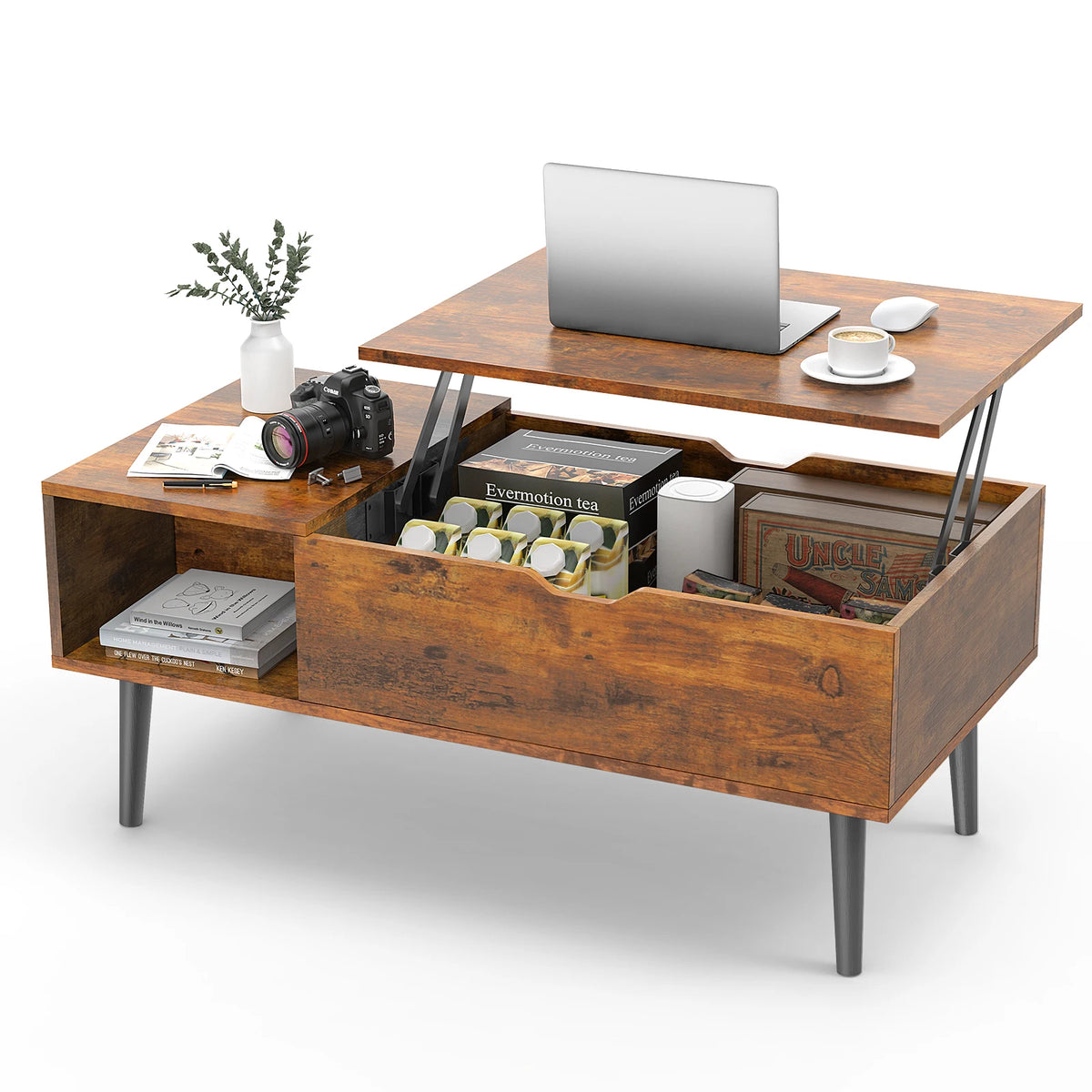 JHK Adjustable Lift Top Wooden Coffee Table And Storage Shelf
