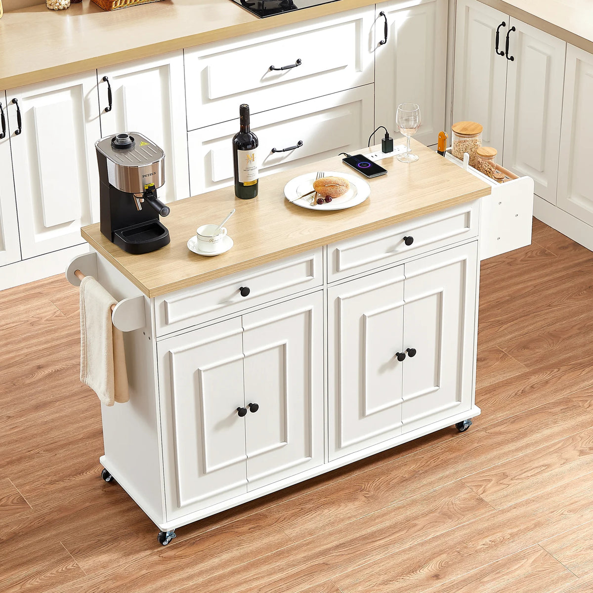 Rolling Wooden Kitchen Island With Drop Leaf And Drawers
