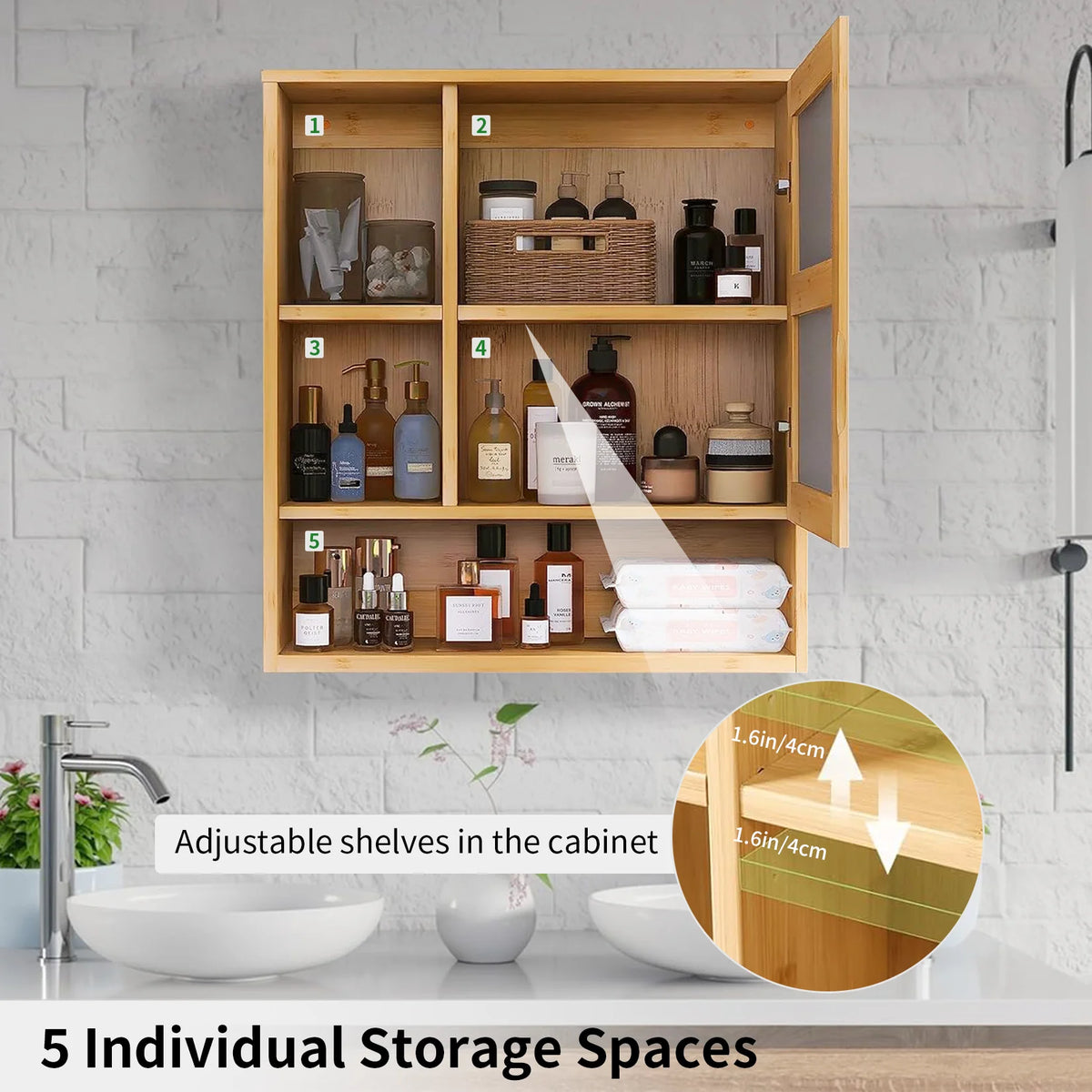 Natural Bamboo Wall Medicine Cabinet With Mirror And Five Shelves