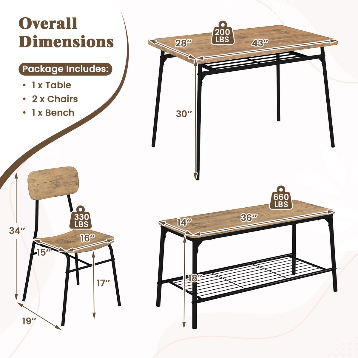 Homasis Four Piece Dining Table Set With Bench And Chairs