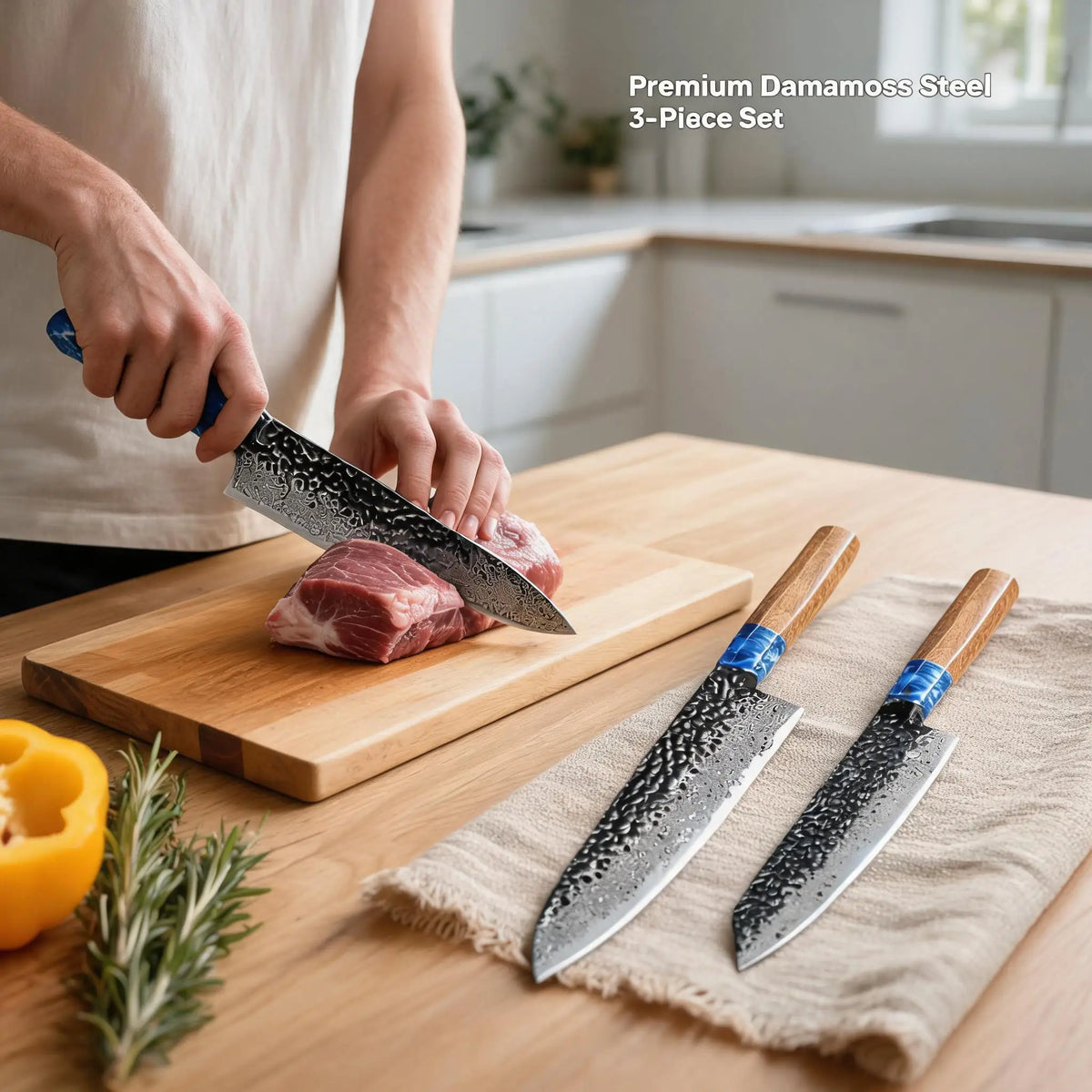 Woodfone Damascus Steel Three Piece Kitchen Knife Set Hammered Blades
