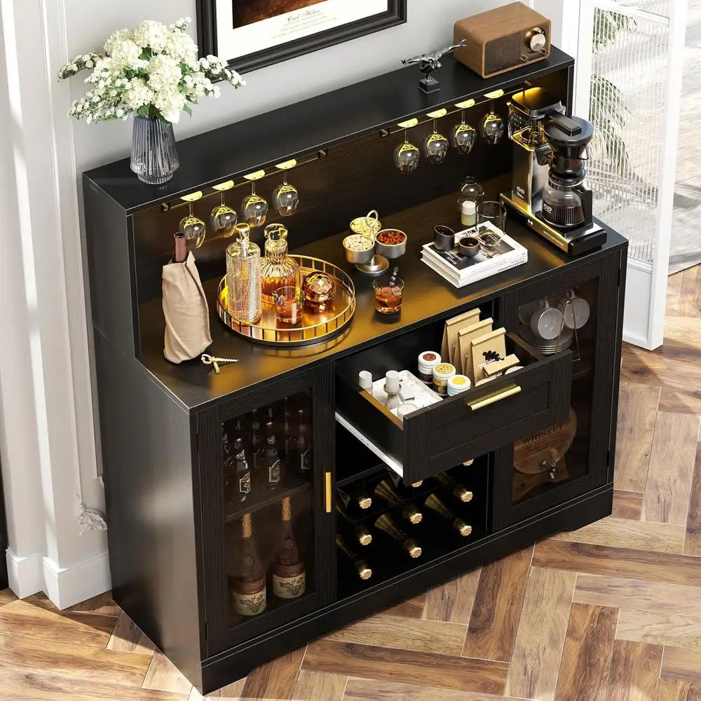 LED Wine Bar Cabinet With Glass Holder And Storage Rack