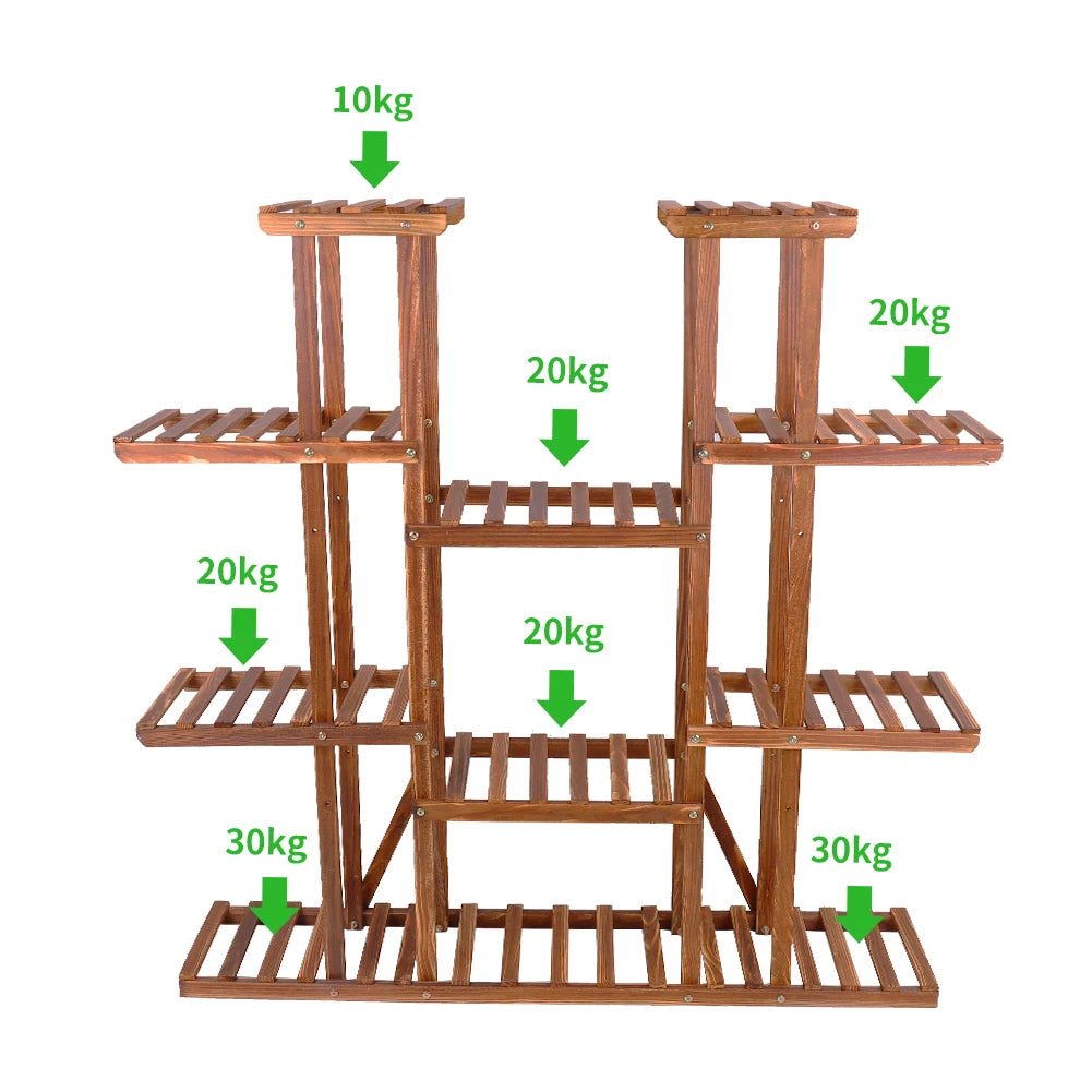 Carbonized Wood 11 Tier Plant Stand Indoor Outdoor Display Shelf