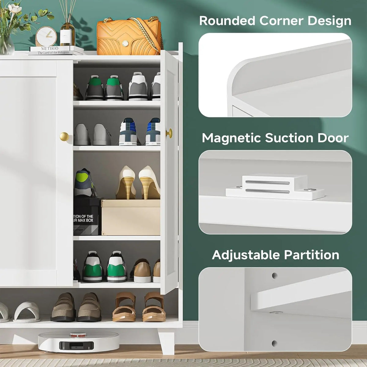 Modern Wooden Shoe Cabinet With Doors And Adjustable Shelf Storage