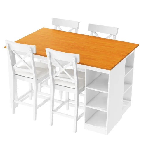 Farmhouse Solid Wood Dining Table With Cushioned Chairs And Shelves