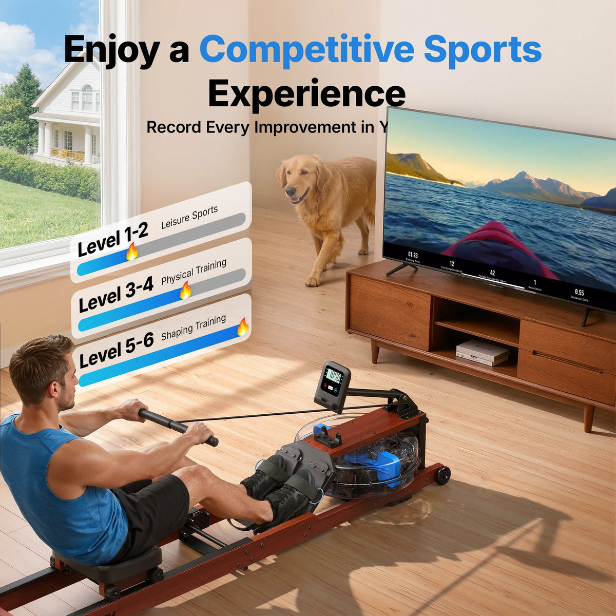 Merach Foldable Water Rowing Machine With Solid Wood Frame