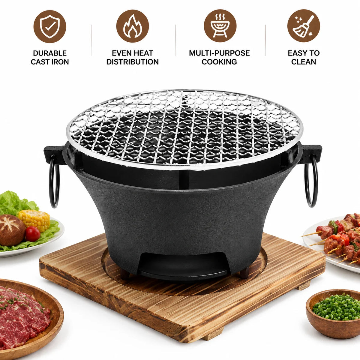 Portable Cast Iron Charcoal Grill With Stainless Steel Grate
