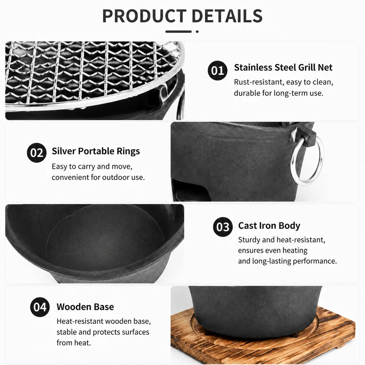 Portable Cast Iron Charcoal Grill With Stainless Steel Grate