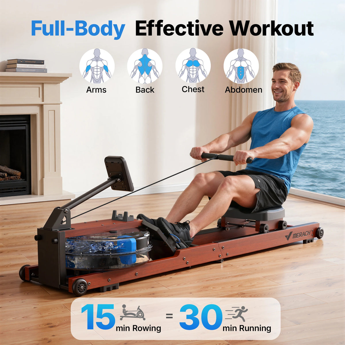 Merach Foldable Water Rowing Machine With Solid Wood Frame