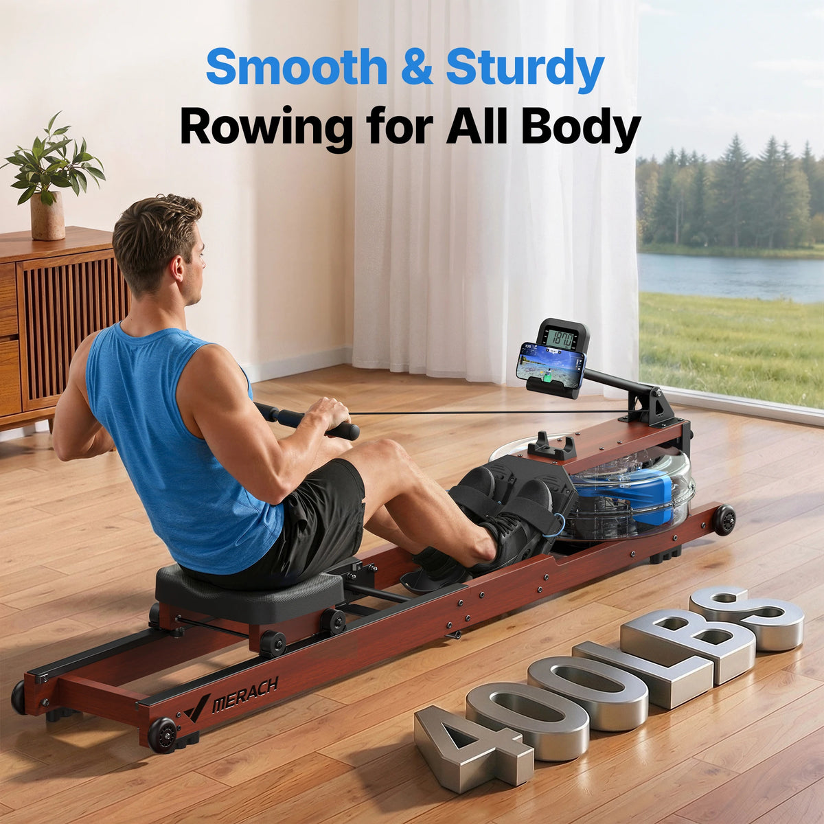 Merach Foldable Water Rowing Machine With Solid Wood Frame