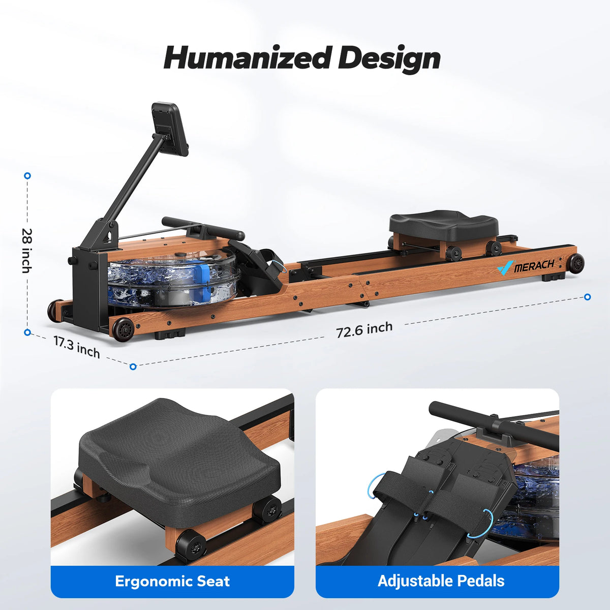 Merach Foldable Water Rowing Machine With Solid Wood Frame