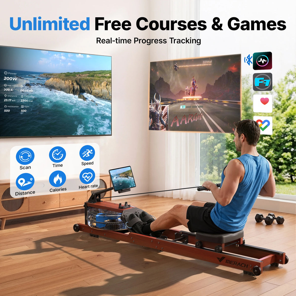 Merach Foldable Water Rowing Machine With Solid Wood Frame