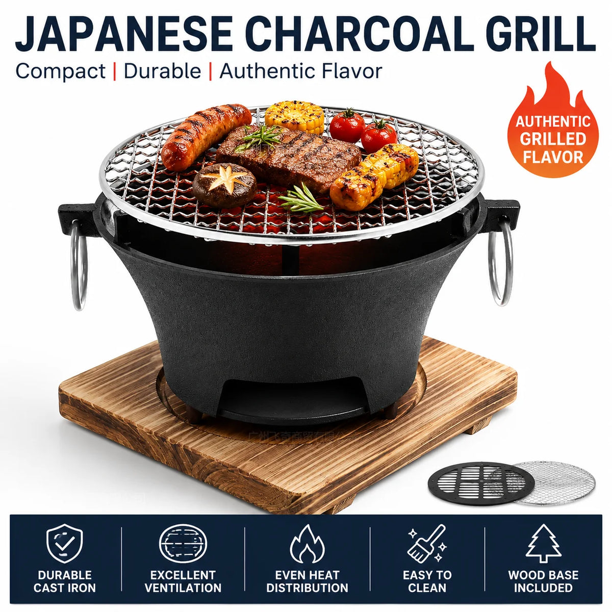 Portable Cast Iron Charcoal Grill With Stainless Steel Grate