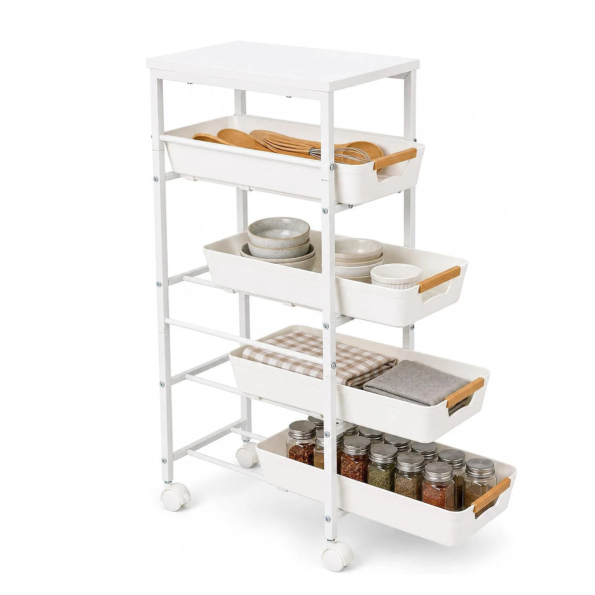 HiMiss 5 Tier Rolling Storage Cart With Wooden Top Shelf