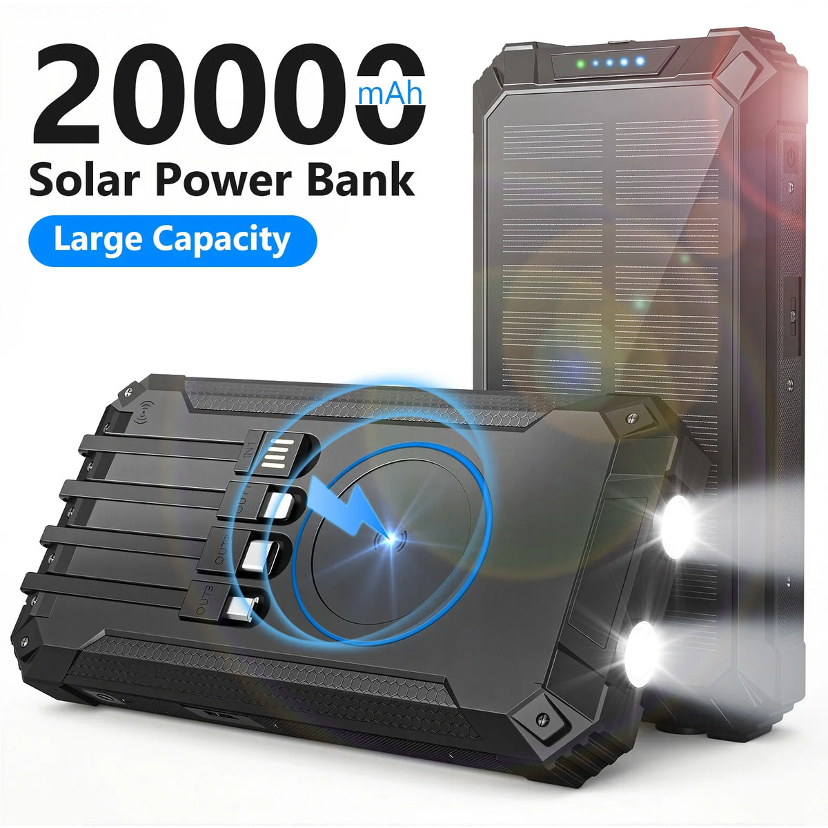 Portable 20000mAh Solar Power Bank With Four Built In Cables