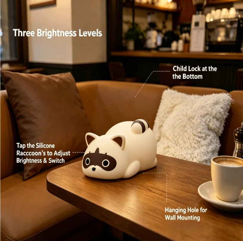 Silicone Raccoon Rechargeable Touch Control Dimmable Bedside Night Light