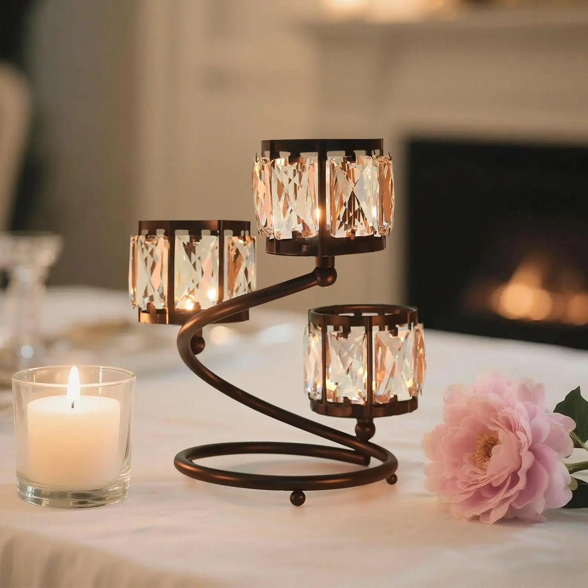 Three Arm Crystal Votive Candle Holder For Home Centerpiece Decor