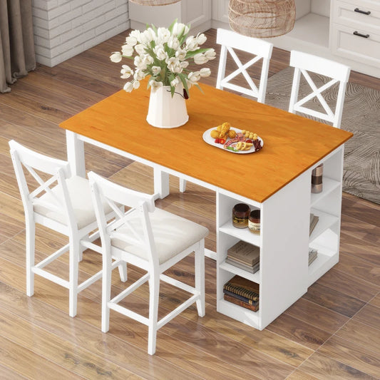 Farmhouse Solid Wood Dining Table With Cushioned Chairs And Shelves