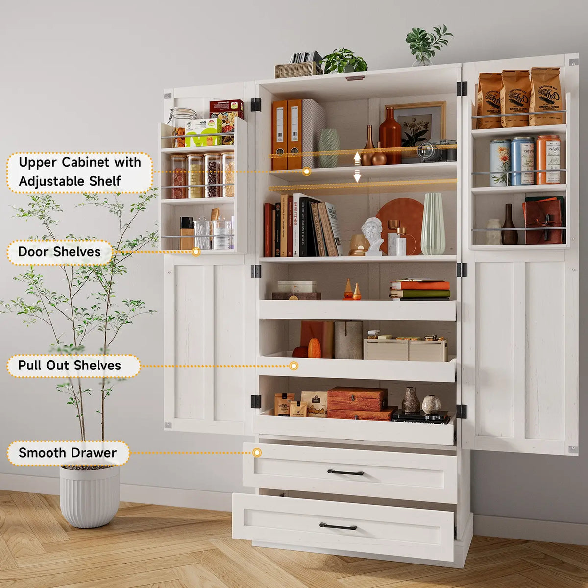 Onbrill Freestanding Kitchen Pantry Cabinet With Durable Wooden Shelves