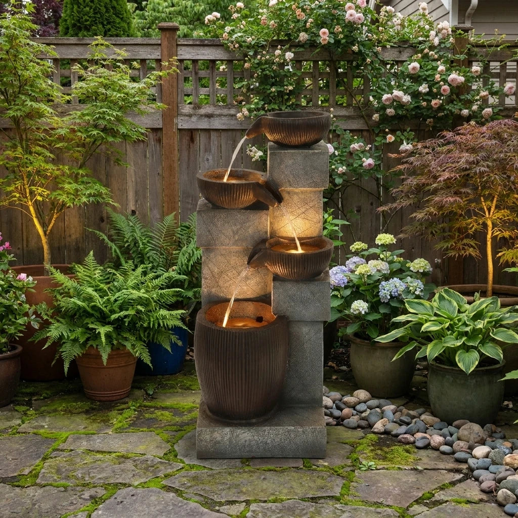 Cascading LED Water Fountain With Weather Resistant Resin Design