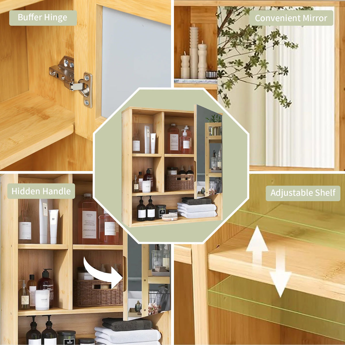 Natural Bamboo Wall Medicine Cabinet With Mirror And Five Shelves