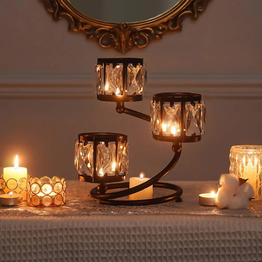 Three Arm Crystal Votive Candle Holder For Home Centerpiece Decor