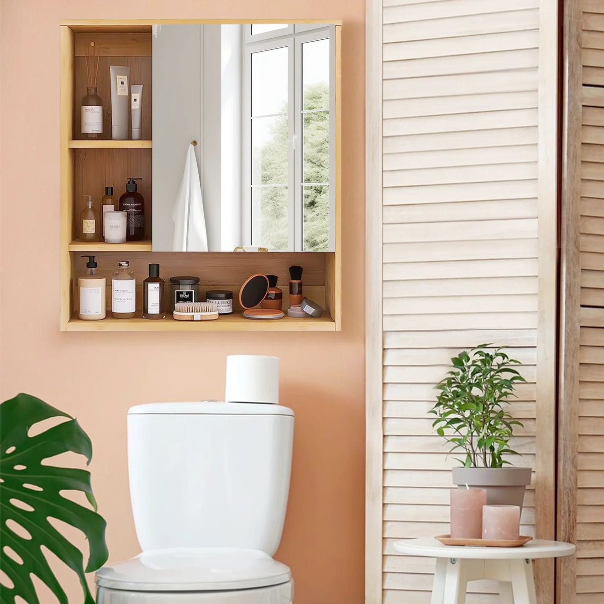 Natural Bamboo Wall Medicine Cabinet With Mirror And Five Shelves