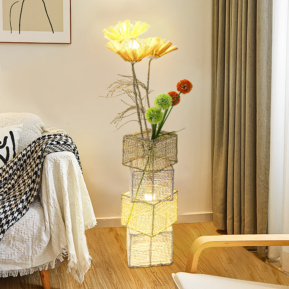 Modern Rattan Standing Floor Lamp Featuring Dimmable LED Flower Design