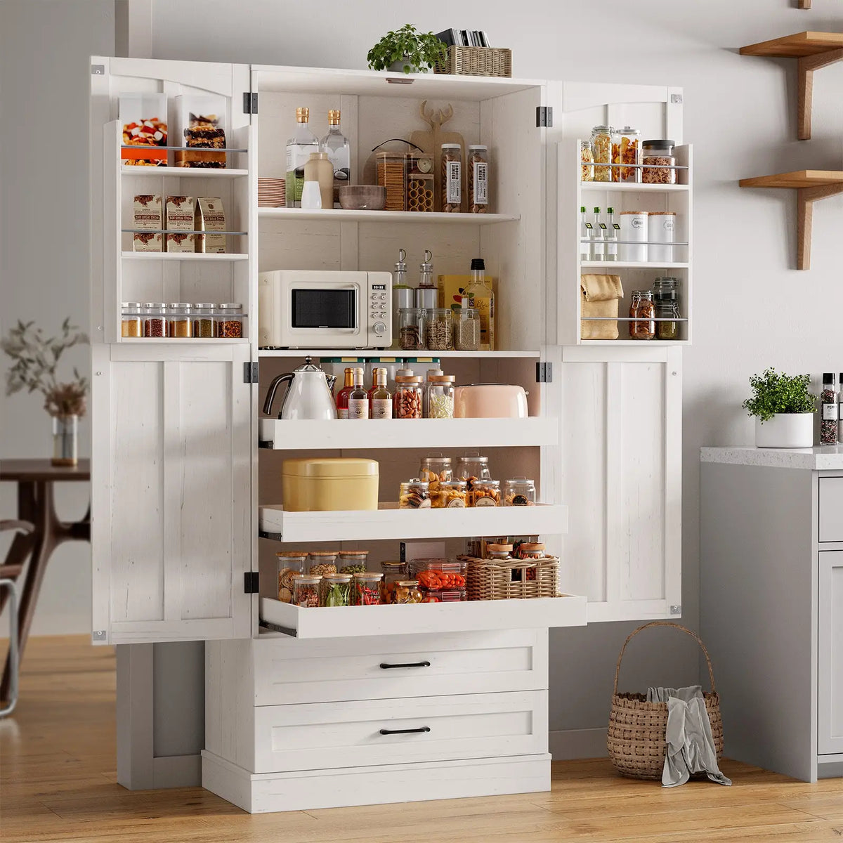 Onbrill Freestanding Kitchen Pantry Cabinet With Durable Wooden Shelves