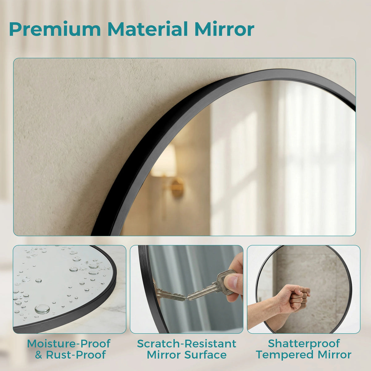 JHK Round Wall Mirror Tempered Glass Waterproof Decorative Design