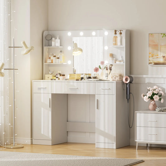 JHK Modern Vanity Desk With Lighted Mirror And Storage Drawers