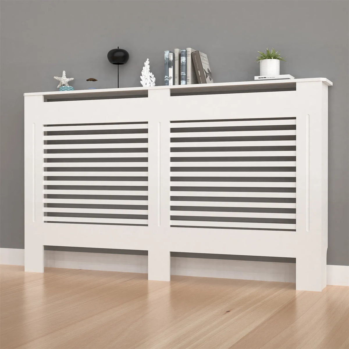 Contemporary Wooden Radiator Cover Featuring Internal Storage Shelving
