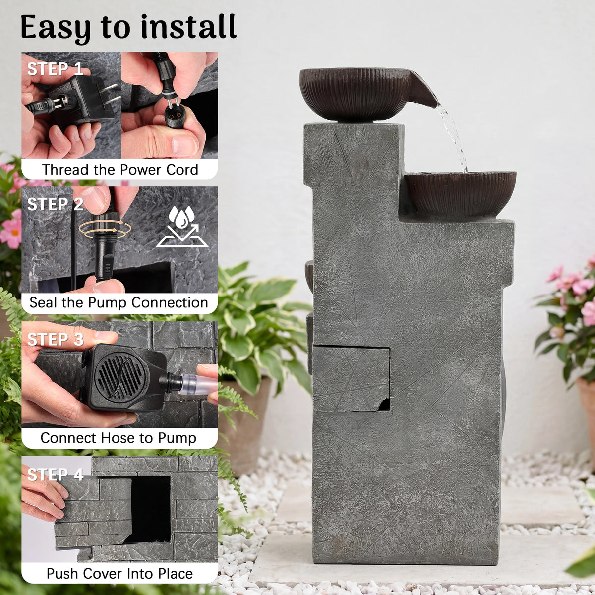 Cascading LED Water Fountain With Weather Resistant Resin Design