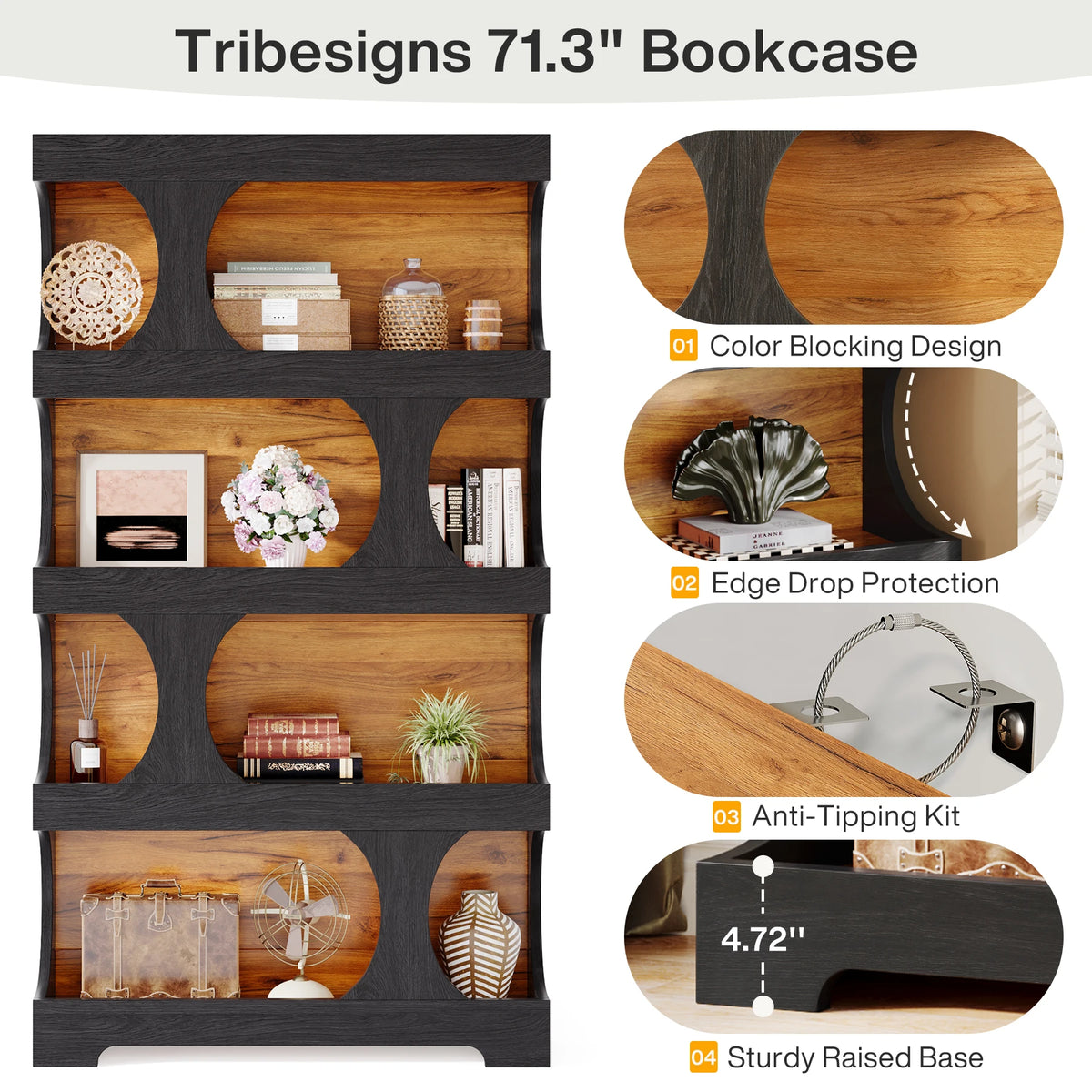 Tribesigns Four Tier S Shaped Wooden Freestanding Bookcase