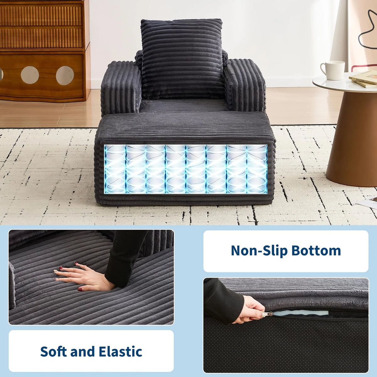 HiMISS Modern Chaise Lounge Sofa With Wide Armrests And Pillow