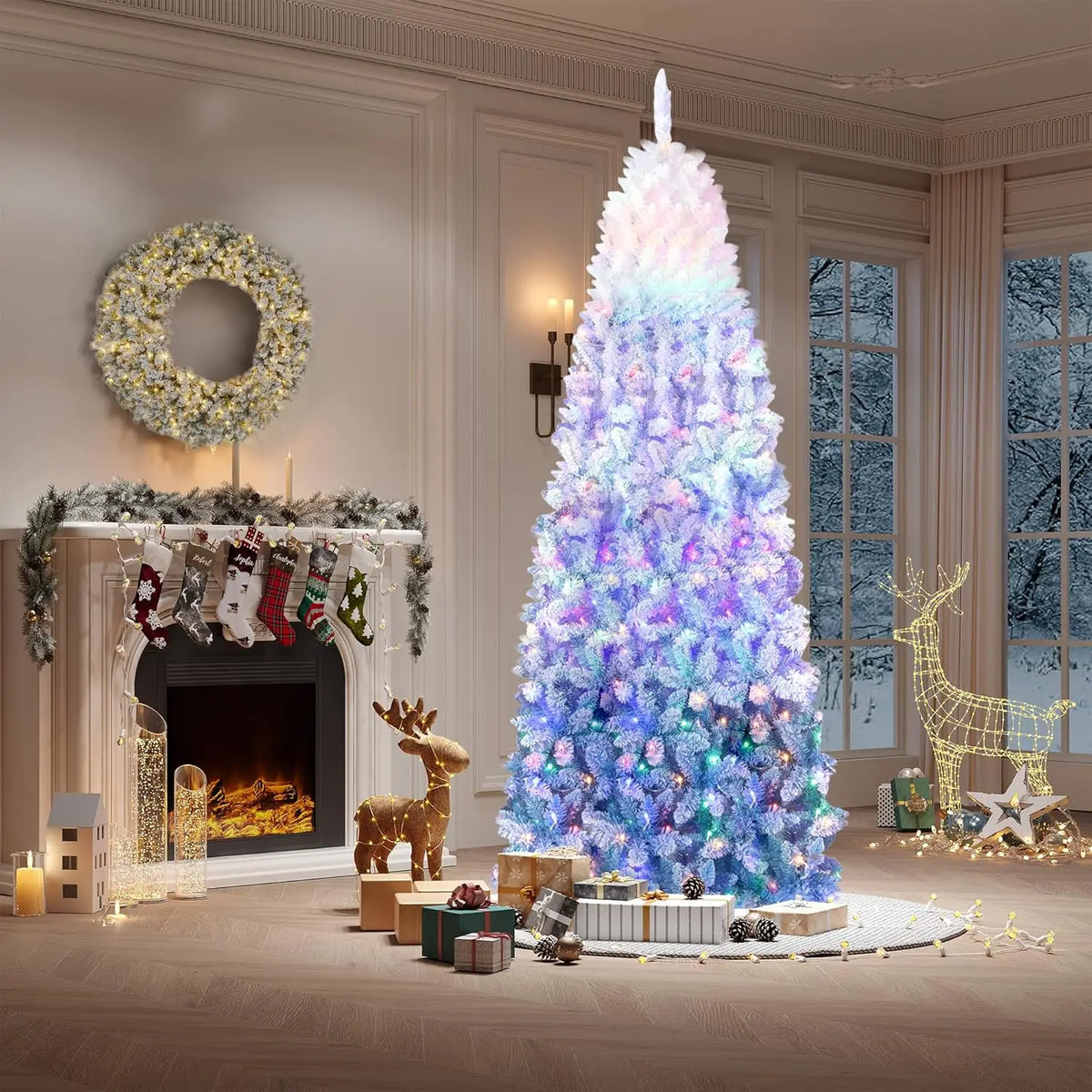 HiMISS Snow Flocked Slim Artificial Christmas Tree Holiday Decoration