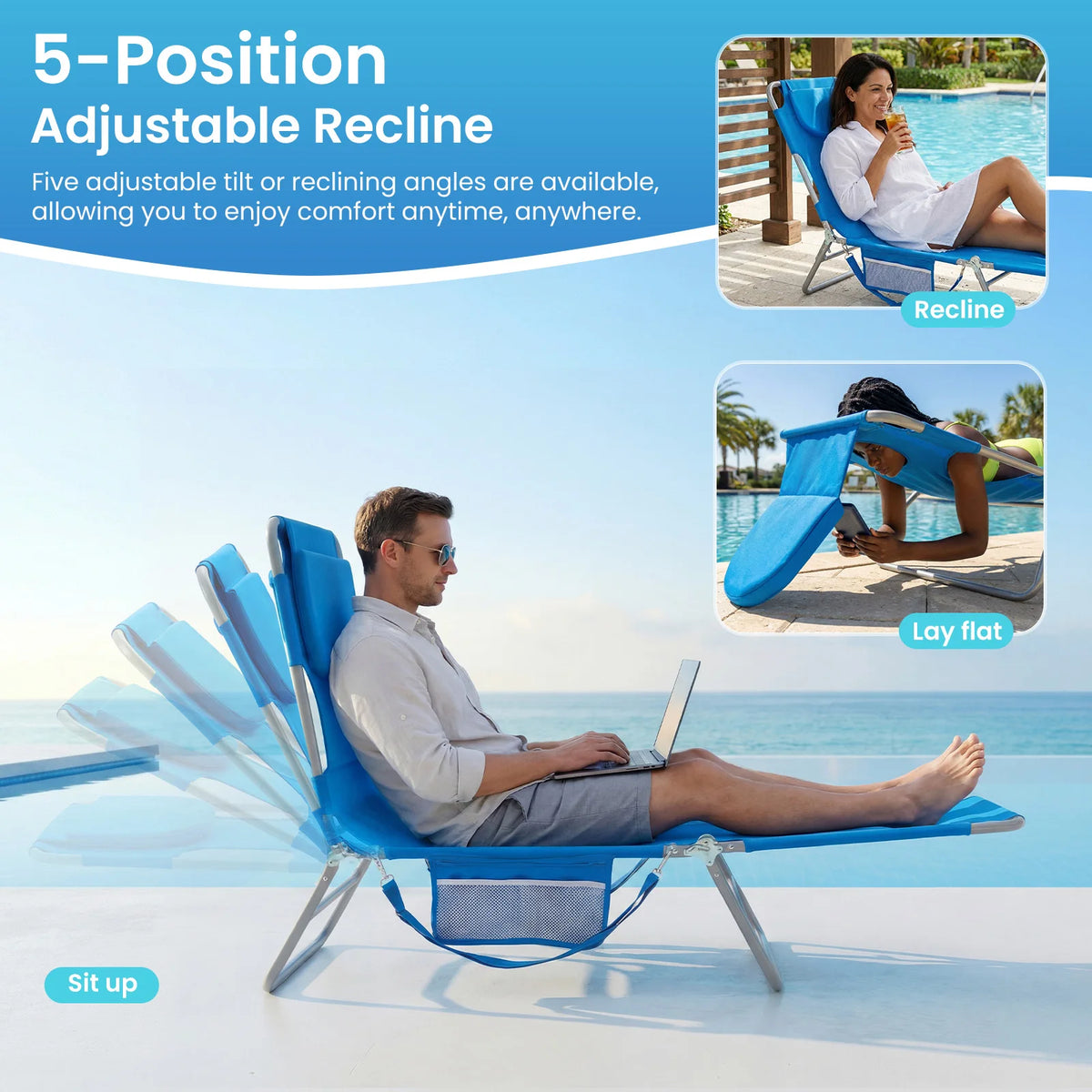 JHK Adjustable Folding Reclining Beach Lounge Chair For Patio