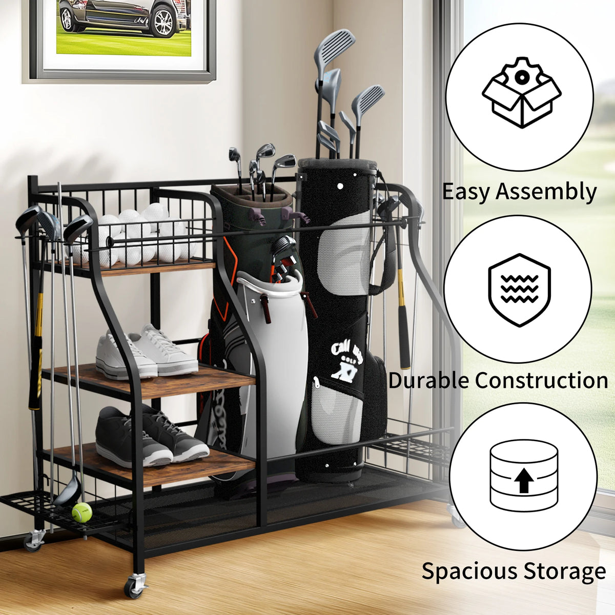 Three Tier Rolling Metal Storage Rack For Sports Gear