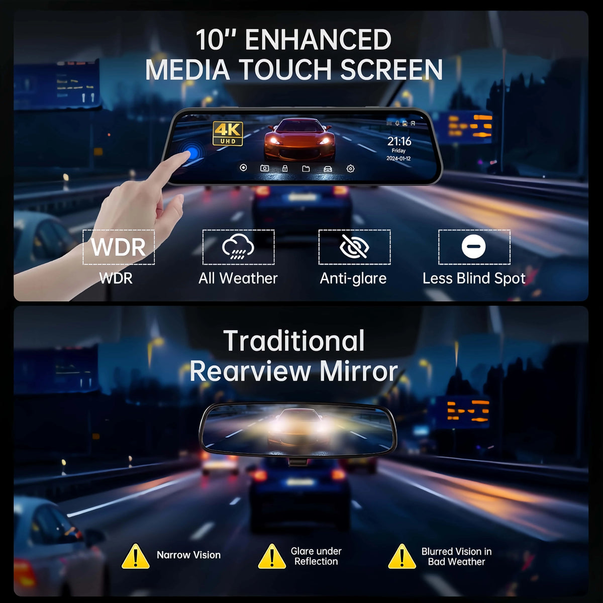 Muübaer 4K Dual Dash Cam Front And Rear View Mirror