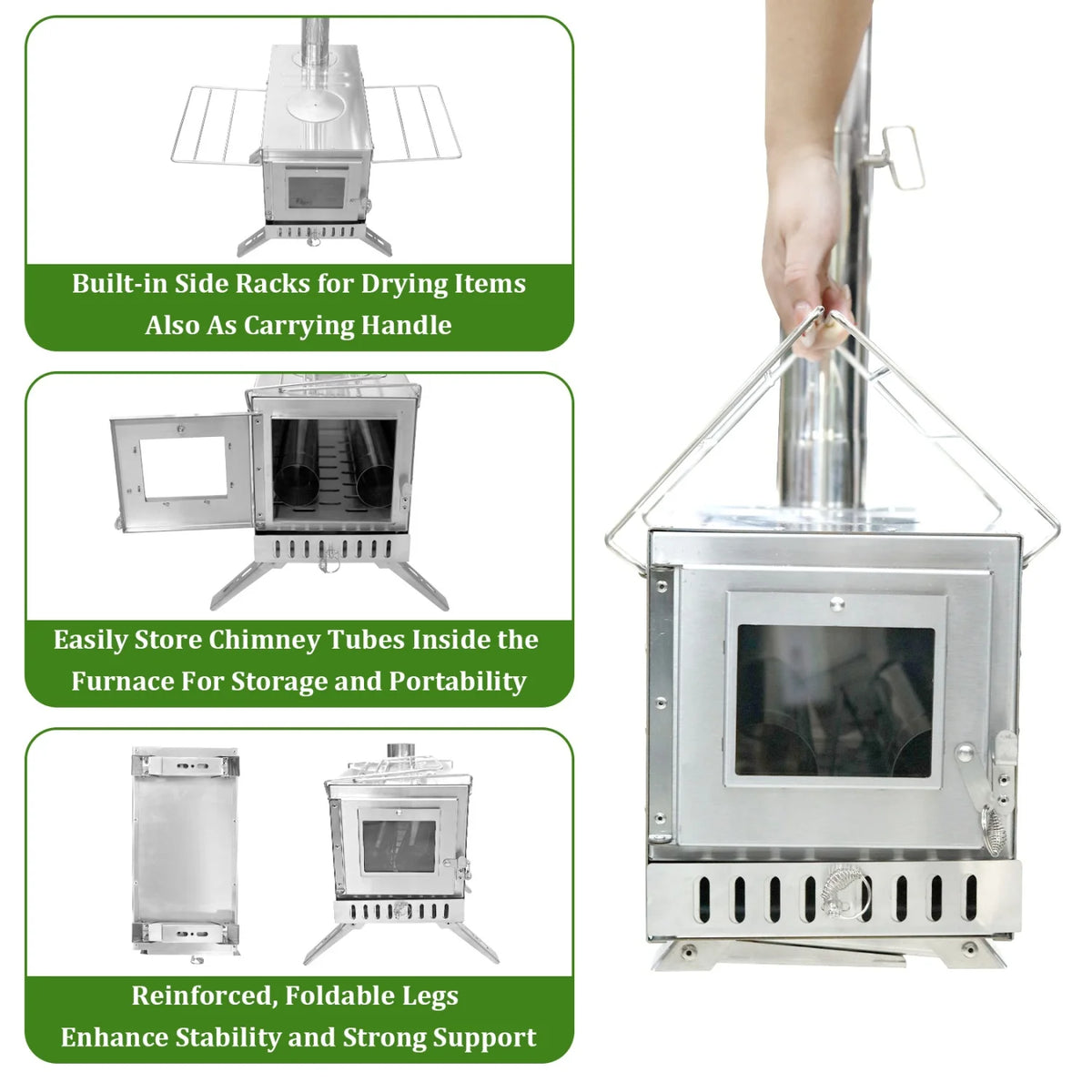 Portable Stainless Steel Wood Burning Stove With Seven Chimney Pipes