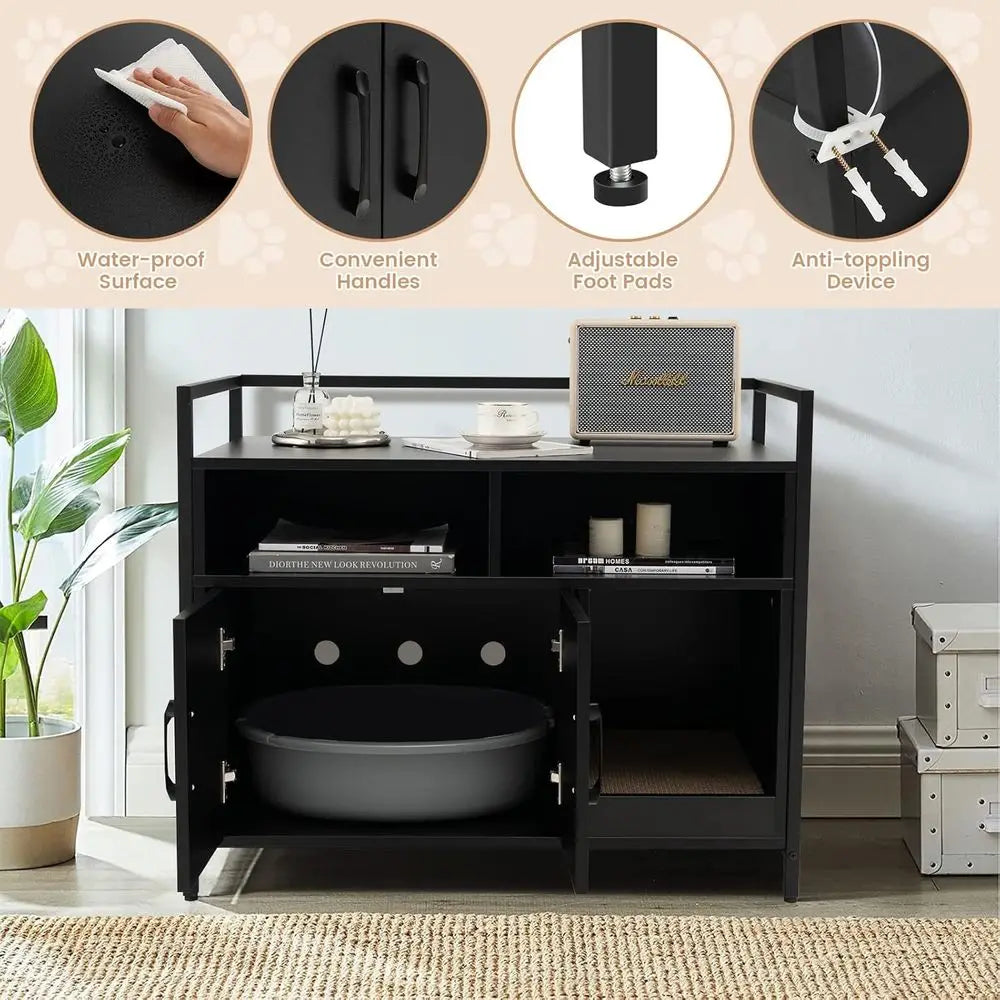 Compact Cat Litter Box Furniture Cabinet With Front Entry Shelf