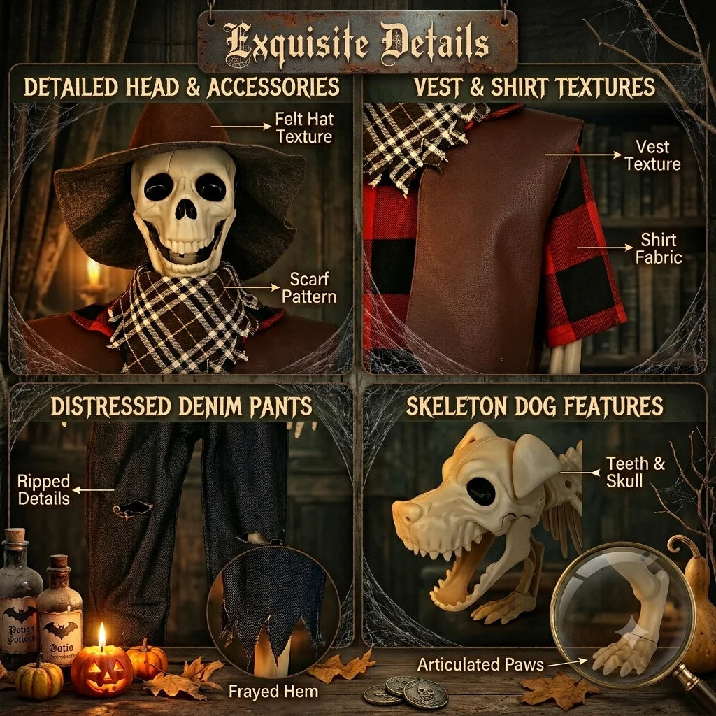 Halloween Cowboy Skeleton and Dog Posable Outdoor Decorations
