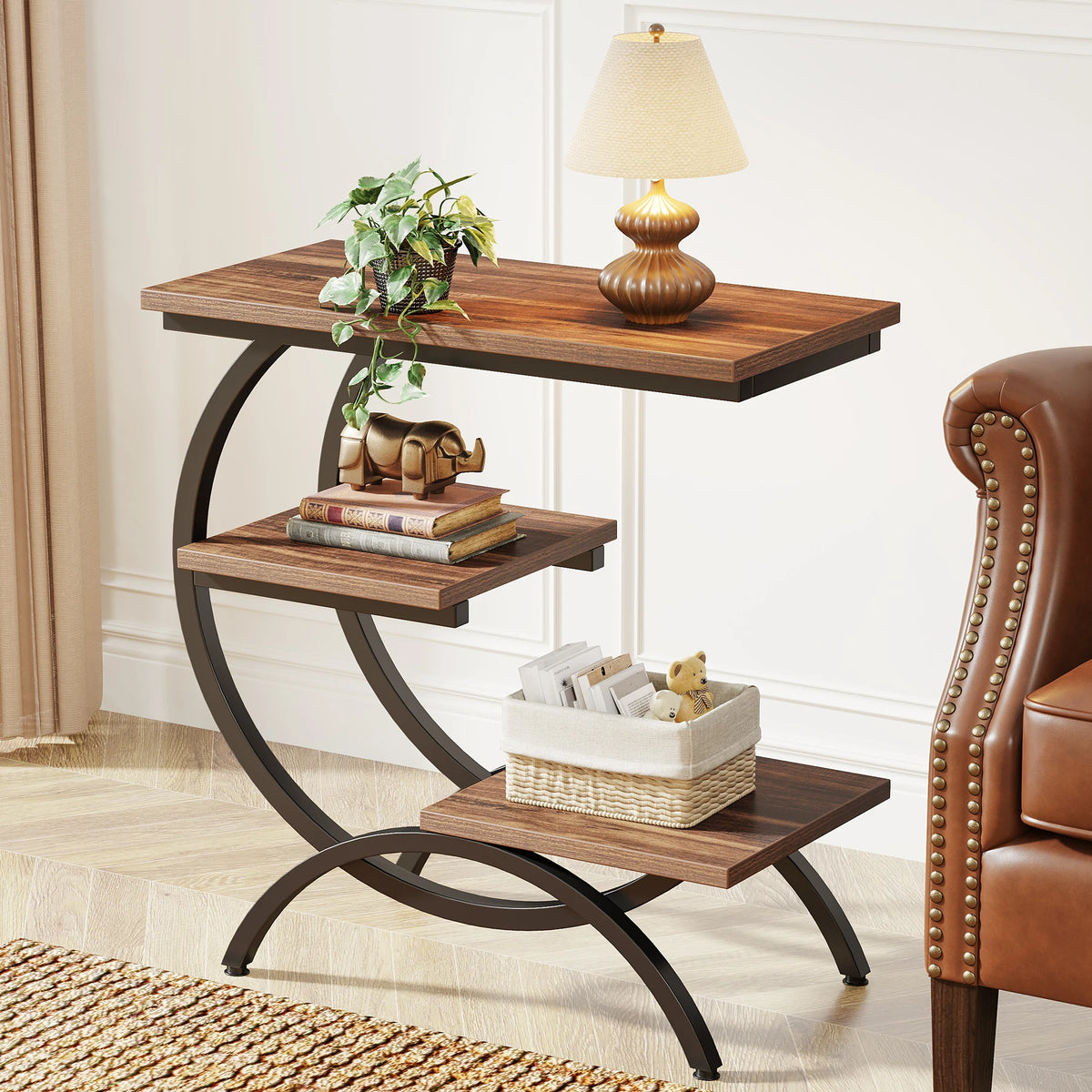 Tribesigns Industrial C Shaped End Table With Open Storage Shelf