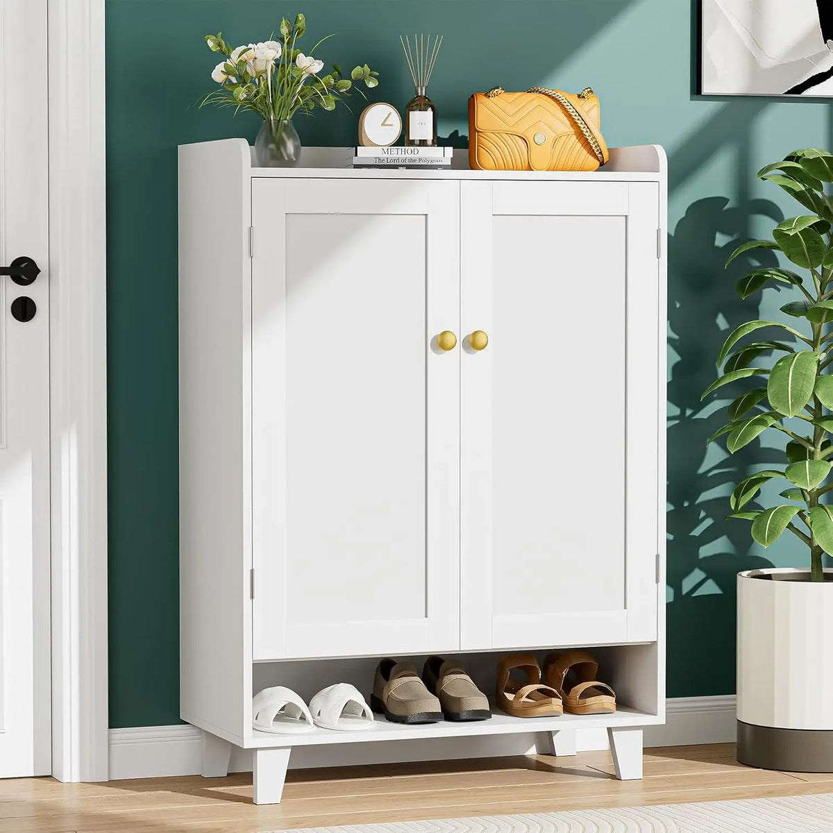 Modern Wooden Shoe Cabinet With Doors And Adjustable Shelf Storage