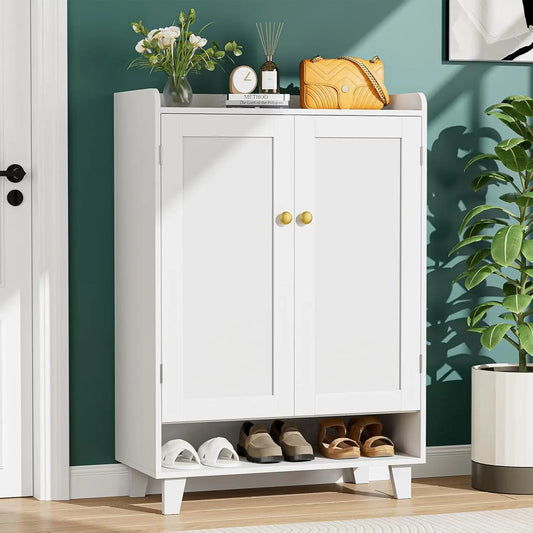 Modern Wooden Shoe Cabinet With Doors And Adjustable Shelf Storage
