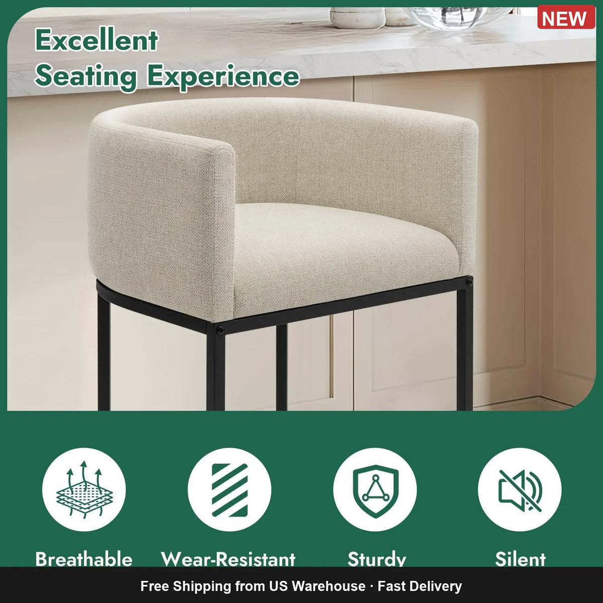 Premium Counter Height Dining Bar Stools With Elegant Linen Upholstery