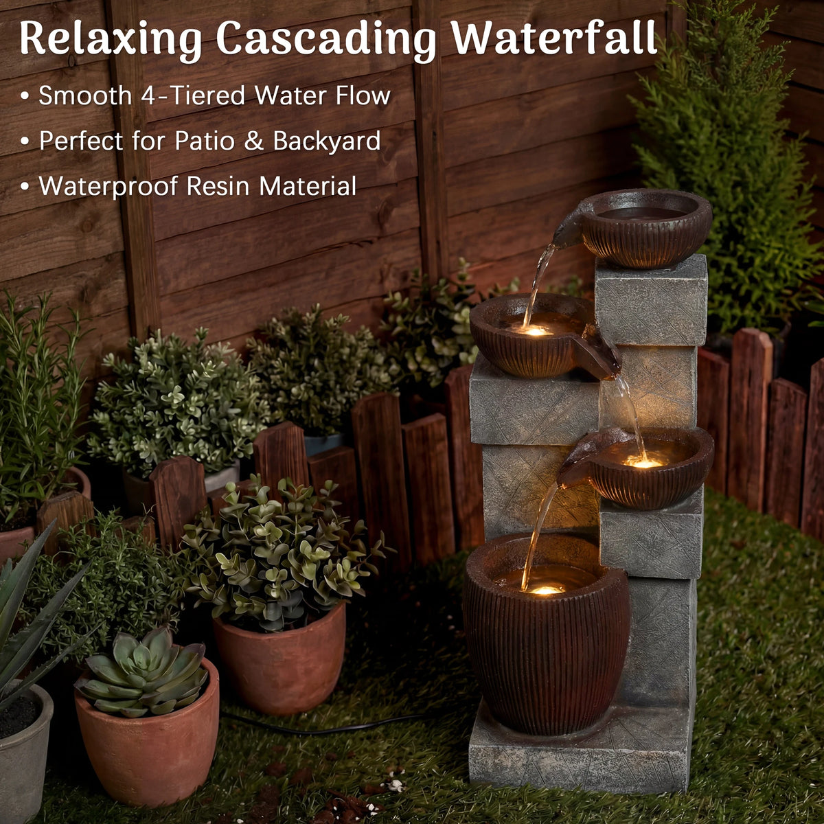 Cascading LED Water Fountain With Weather Resistant Resin Design