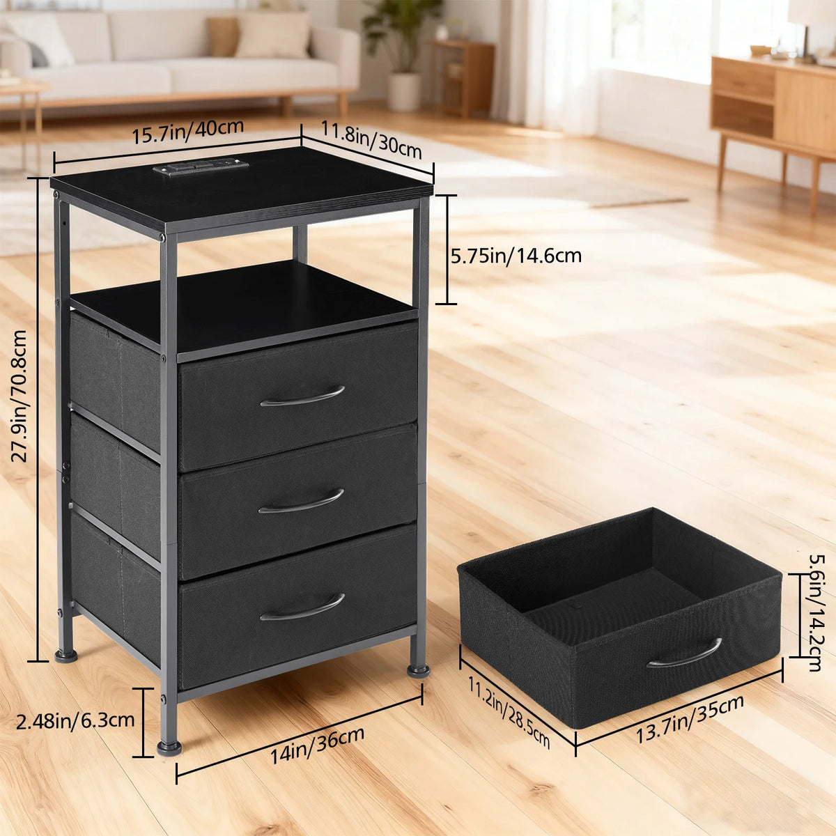 JHK Modern 3 Drawer Bedside Table With USB Charging Station